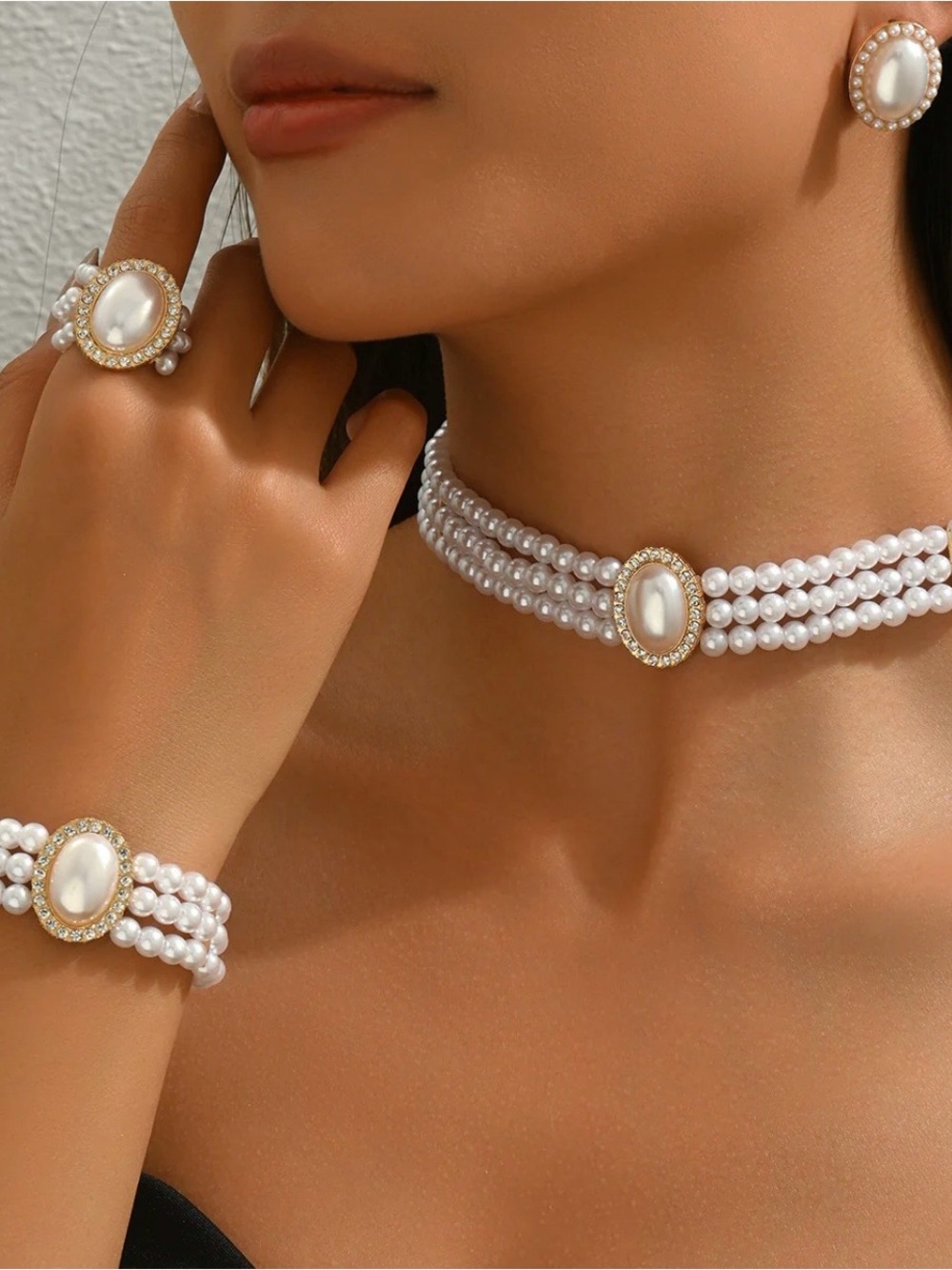 Classic Pearl Three-Strand Jewelry Set with Gold Accent - NWOT